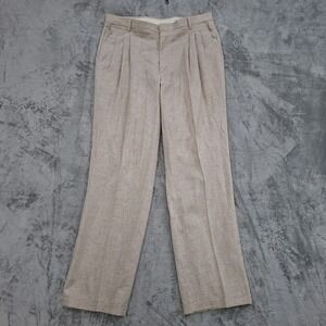 VTG Men's Beige Linen Blend Pants 36x32 Delave Pleated Cuffed Dress Straight Leg